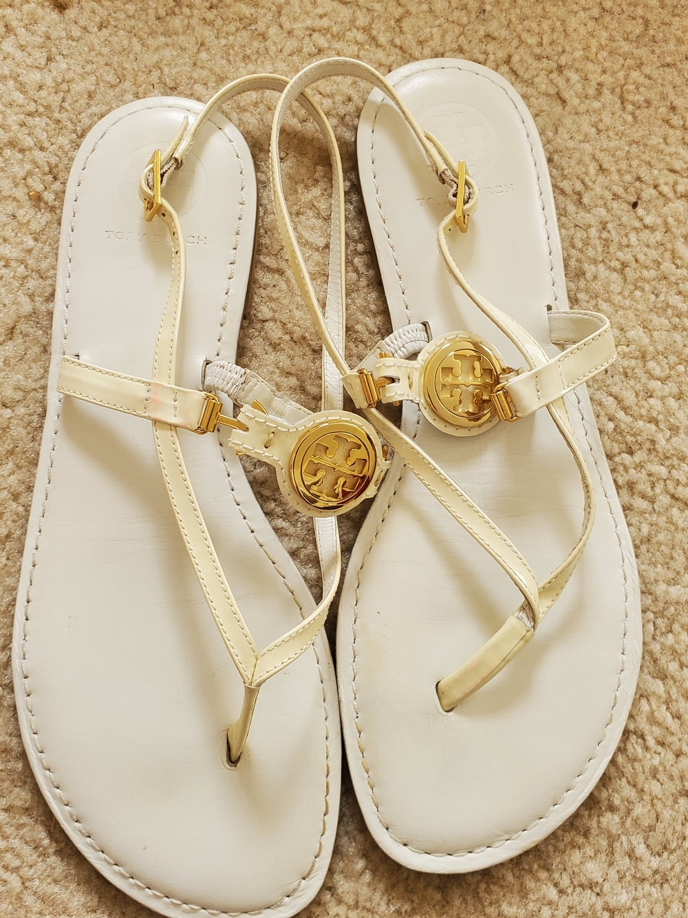 Tory Burch White Leather Logo Thong Sandals with Gold Medallions sz 11M